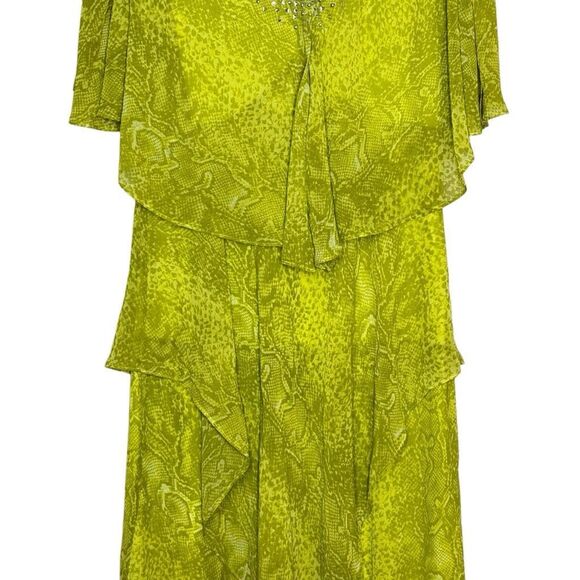 Vicky Tiel Green Snake Print Tiered Handkerchief Dress Size M Chiffon Rhinestone - Picture 3 of 12